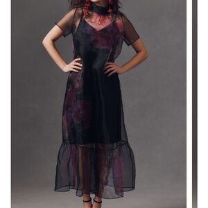 BHLDN Carina Short-Sleeve High-Neck Organza Midi Dress